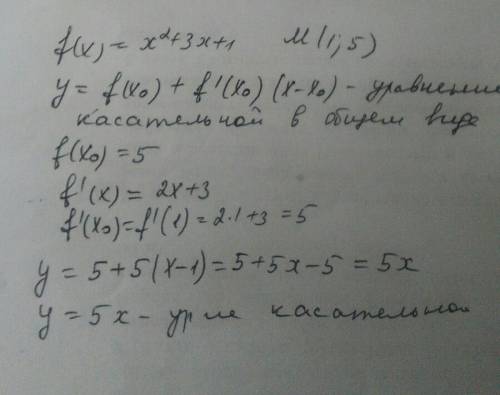 Составить уравнение касательной к графику функции f(x)=x²+3x+1 в точке m(1; 5)