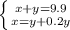 \left \{ {{x+y=9.9} \atop {x=y+0.2y}} \right.