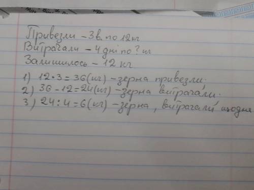 Для птахів у зоопарку 3 відра зерна по 12 кг у кожному зерно витрачали протягом 4 днів щодня порівну