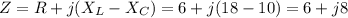 Z=R+j(X_L-X_C)=6+j(18-10)=6+j8