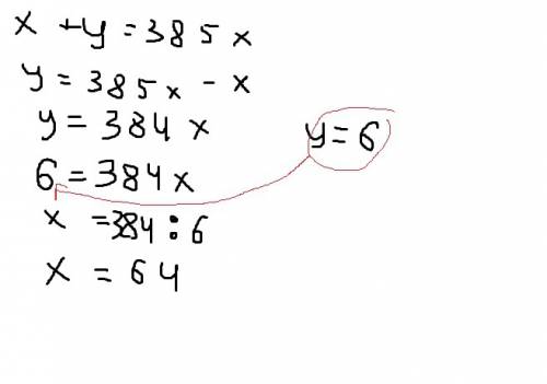 Неизвестные числа x+ y= 385 x: y=6 найти x y