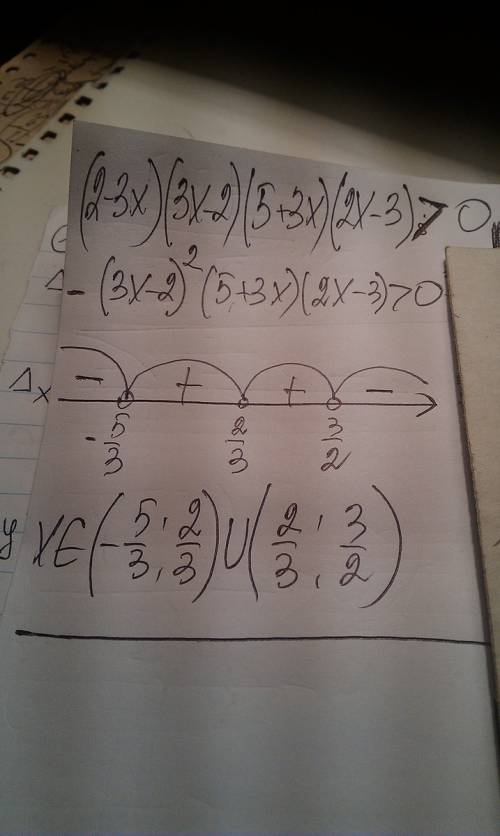 Решите неравентсво плз (2-3х)(3х-2)(5+3х)(2х-3)> 0