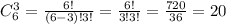 C_6^3= \frac{6!}{(6-3)!3!}= \frac{6!}{3!3!}= \frac{720}{36}=20