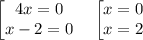 \begin{bmatrix}4x=0\\x-2=0\end{matrix}\quad \begin{bmatrix}x=0\\x=2\end{matrix}