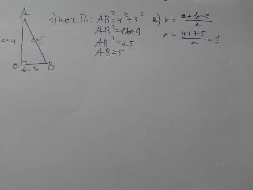 Втреугольнике abc ac = 4, bc = 3, угол с = 90°. найдите значение радиуса вписанной в него окружности