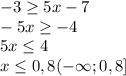 -3 \geq 5x-7 \\ -5x \geq -4 \\ 5x \leq 4 \\ x \leq 0,8 ( -\infty; 0,8}]