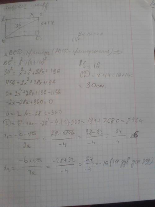 Длина прямоугольника на 14 см больше ширины, а длина его диагонали равна 34 см. найдите длинну и шир