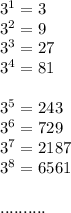 3^1=3\\3^2=9\\3^3=27\\3^4=81\\\\3^5=243\\3^6=729\\3^7=2187\\3^8=6561\\\\..........