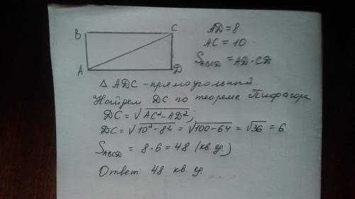 Впрямоугольнике abcd, ad=8. найдите площадь прямоугольника, если диагональ ac=10