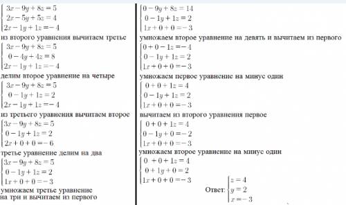 Не могу решить уравнение методом гаусса 3x-9y+8z=5 2x-5y+5z=4 2x-y+z=-4