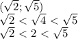 ( \sqrt{2} ; \sqrt{5} )\\\sqrt{2}\ \textless \ \sqrt{4}\ \textless \ \sqrt{5}\\\sqrt{2}\ \textless \ 2\ \textless \ \sqrt{5}