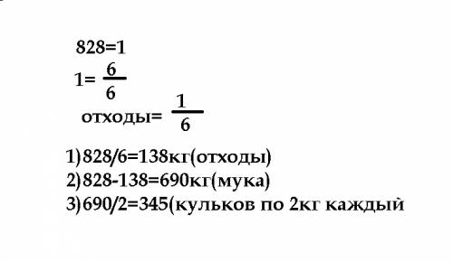 Смололи 828 кг пшеницы .отходы(отруби)составляли шестую часть всей пшеницы,остальное- мука.всю муку