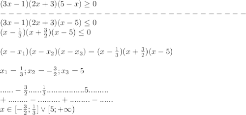 (3x-1)(2x+3)(5-x) \geq 0 \\ &#10;------------------------------- \\ &#10;(3x-1)(2x+3)(x-5) \leq 0 \\ &#10;(x- \frac{1}{3})(x+ \frac{3}{2})(x-5) \leq 0 \\ \\ &#10;(x-x_1)(x-x_2)(x-x_3)=(x- \frac{1}{3})(x+ \frac{3}{2})(x-5) \\ \\ &#10;x_1= \frac{1}{3};x_2=- \frac{3}{2};x_3=5 \\ \\ &#10;......- \frac{3}{2}...... \frac{1}{3}.................5......... \\ &#10;+ .........-..........+.........-...... \\ &#10;x\in [- \frac{3}{2}; \frac{1}{3}]\vee [5;+\infty)