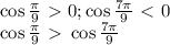 \cos\frac{\pi}{9}\ \textgreater \ 0;\cos\frac{7\pi}{9}\ \textless \ 0\\\cos\frac{\pi}{9}\ \textgreater \ \cos\frac{7\pi}{9}