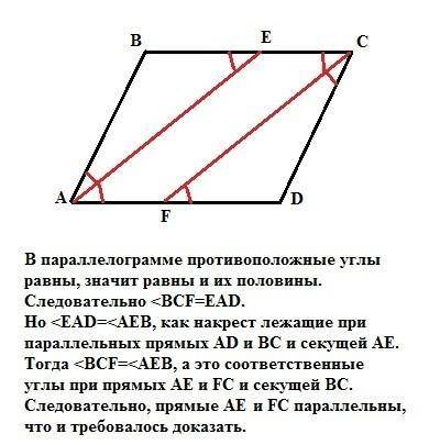 Докажите что биссектрисы противоположных углов параллелограмма параллельны или