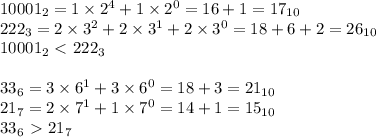 10001_2=1\times2^4+1\times 2^0=16+1=17_{10} \\ 222_3=2\times3^2+2\times3^1+2\times3^0=18+6+2=26_{10} \\ 10001_2 \ \textless \ 222_3 \\ \\ 33_6=3\times6^1+3\times6^0=18+3=21_{10} \\ 21_7=2\times7^1+1\times7^0=14+1=15_{10} \\ 33_6\ \textgreater \ 21_7