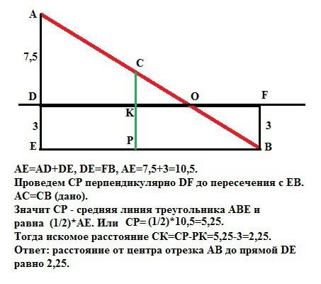 Вразных сторонах от прямой даны точки a и b в расстояниях 7,7 см и 3 см от прямой соответственно. оп