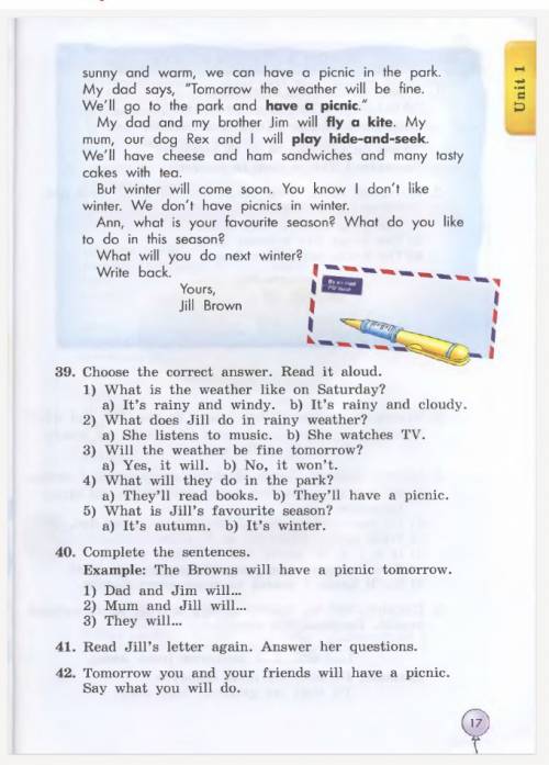 Choose the correct answer. read it aloud. 1) what is the weather like on saturday? a) it's rainy and