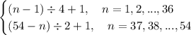 \begin {cases} (n-1) \div 4 +1, \quad n=1,2,...,36 \\ (54-n) \div 2 \right \rceil +1, \quad n=37,38,...,54 \end {cases}