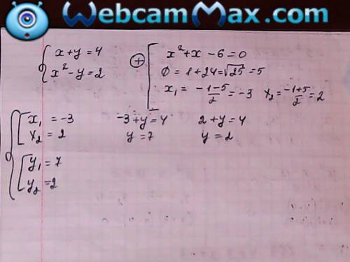 Решите систему уравнений {x+y=4 {x^2-y=2 !