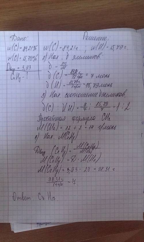 Органическое вещество содержит 84,21℅ углерода и 15,79℅ водорода. плотность паров вещества по воздух