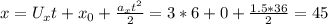 x= U_{x}t+ x_{0} + \frac{ a_{x}t^2 }{2} = 3*6+0+ \frac{1.5*36}{2} = 45