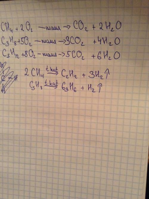 Напишите уровни реакции горения метана, пропана, пентана + дегидрирование метана и пропана заранее