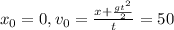 x_{0}=0, v_{0} = \frac{x+ \frac{gt^{2}}{2} }{t} = 50