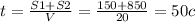 t= \frac{S1+S2}{V} = \frac{150+850}{20} =50 c