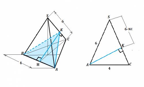 Вправильном треугольной пирамиде sabc боковое ребром sa=6, а сторона основания ab=4. найдите площадь