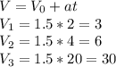 V=V_0+at \\ V_1=1.5*2=3 \\ V_2=1.5*4=6 \\ V_3=1.5*20=30