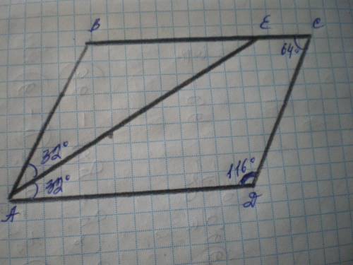 Дано abcd параллелограмм , ae биссиктриса , угол ead равен 32 градусам найти угол c и угол d