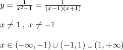 y=\frac{1}{x^2-1}=\frac{1}{(x-1)(x+1)}\\\\x\ne 1\; ,\; x\ne -1\\\\x\in (-\infty ,-1)\cup (-1,1)\cup (1,+\infty )