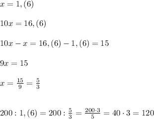 x=1,(6)\\\\10x=16,(6)\\\\10x-x=16,(6)-1,(6)=15\\\\9x=15\\\\x=\frac{15}{9}=\frac{5}{3}\\\\\\200:1,(6)=200:\frac{5}{3}=\frac{200\cdot 3}{5}=40\cdot 3=120