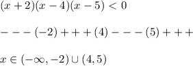 (x+2)(x-4)(x-5)\ \textless \ 0\\\\---(-2)+++(4)---(5)+++\\\\x\in (-\infty ,-2)\cup (4,5)