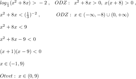 log_{\frac{1}{3}}(x^2+8x)\ \textgreater \ -2\; ,\; \; \; ODZ:\; \; x^2+8x\ \textgreater \ 0,\; x(x+8)\ \textgreater \ 0\; ,\\\\x^2+8x\ \textless \ (\frac{1}{3})^{-2}\; ,\; \; \; \; \; \; \; \; \; \; \; ODZ:\; x\in (-\infty ,-8)\cup (0,+\infty )\\\\x^2+8x\ \textless \ 9\\\\x^2+8x-9\ \textless \ 0\\\\(x+1)(x-9)\ \textless \ 0\\\\x\in (-1,9)\\\\Otvet:\; x\in (0,9)