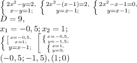 \left \{ {{2x^2-y=2,} \atop {x-y=1;}} \right. \left \{ {{2x^2-(x-1)=2,} \atop {y=x-1;}} \right. \left \{ {{2x^2-x-1=0,} \atop {y=x-1;}} \right. \\ D=9, \\ x_1=-0,5; x_2=1; \\ \left \{ {{ \left [ {{x=-0,5,} \atop {x=1;}} \right. } \atop {y=x-1;}} \right. \left [ {{ \left \{ {{x=-0,5,} \atop {y=-1,5;}} \right. } \atop { \left \{ {{x=1,} \atop {y=0;}} \right.}} \right. \\ (-0,5;-1,5), (1;0)