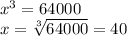 x^3 = 64000\\x=\sqrt[3]{64000}=40