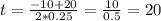 t= \frac{-10+20}{2*0.25} = \frac{10}{0.5} =20