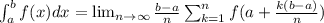 \int_a^bf(x)dx = \lim_{n\rightarrow\infty}\frac{b-a}{n}\sum_{k=1}^nf(a+\frac{k(b-a)}{n})