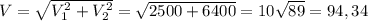 V= \sqrt{ V_1^{2}+V_2^2} = \sqrt{2500+6400} =10 \sqrt{89} =94,34