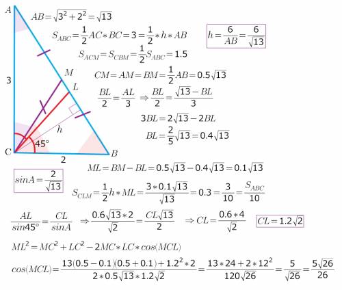 Болел неделю. желательно без подобия в прямоугольном треугольнике abc с катетами ас=3 и вс=2 проведе
