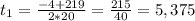 t_{1} = \frac{-4+219}{2*20} = \frac{215}{40}=5,375