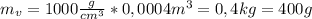 m_v=1000 \frac{g}{cm^3}*0,0004m^3=0,4kg=400g