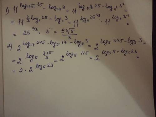 1) 11^log(11√11)25-log(121)9= 2) 2^log(17)345*log(5)17-log(5)3=