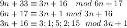 9n+33 \equiv 3n+16 \ \ \ mod \ 6n+17 \\ &#10; 6n+17 \equiv 3n+1 \ mod \ 3n+16 \\&#10; 3n+16 \equiv 3;1;5;2;15 \ \ mod \ 3n+1 \\&#10; &#10;