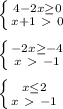 \left \{ {{4-2x \geq 0} \atop {x+1\ \textgreater \ 0}} \right. \\ \\ \left \{ {{-2x \geq -4} \atop {x \ \textgreater \ - 1}} \right. \\ \\ \left \{ {{x \leq 2} \atop {x \ \textgreater \ - 1}} \right.