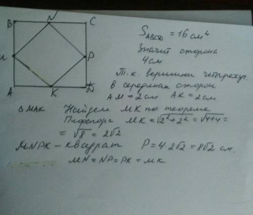 Вершинами чотирикутника є середини сторін квадрата, площа якого дорівнює 16корінь см( в квадраті) зн