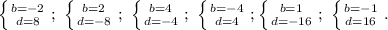 \left \{ {{b=-2} \atop {d=8}} \right.; \ \left \{ {{b=2} \atop {d=-8}} \right.; \ \left \{ {{b=4} \atop {d=-4}} \right.;\ \left \{ {{b=-4} \atop {d=4}} \right.; \left \{ {{b=1} \atop {d=-16}} \right.;\ \left \{ {{b=-1} \atop {d=16}} \right..