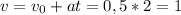 v= v_{0} +at=0,5*2=1